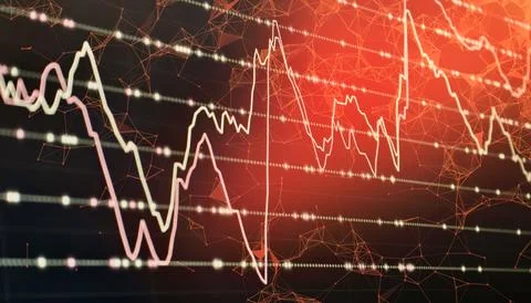 Futuristic abstract background of a falling financial chart. The red glowing  Stock Photos