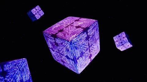 Futuristic abstract background. Magic pink and blue cubic mechanisms float in Stock Illustration
