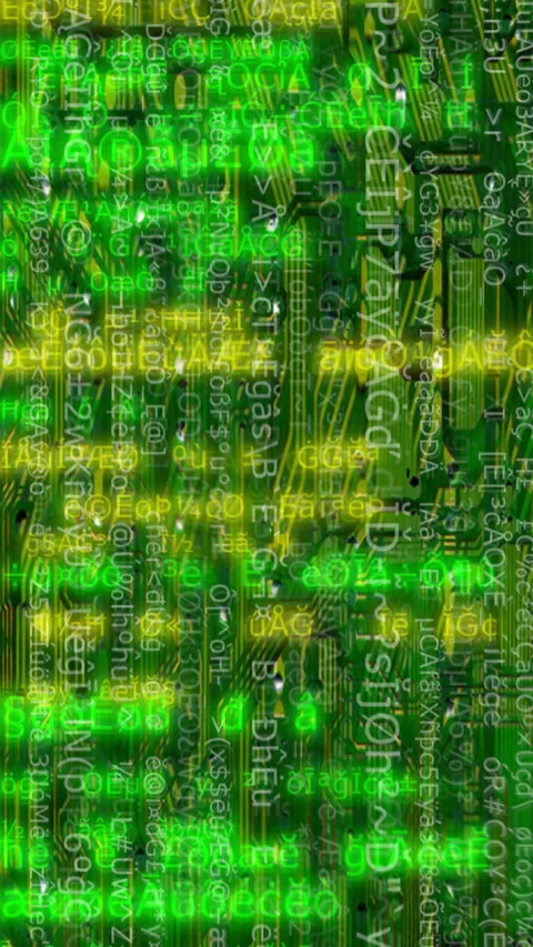 Futuristic Abstract Data Stream with Flowing Code Over Circuit Board Stock Footage 284358979