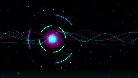 Futuristic abstract digital interface with glowing neon lines and particles Stockbeeldmateriaal 348127946