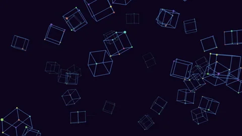 Futuristic abstract network cubes with floating data points on dark background Stock Footage 334138643