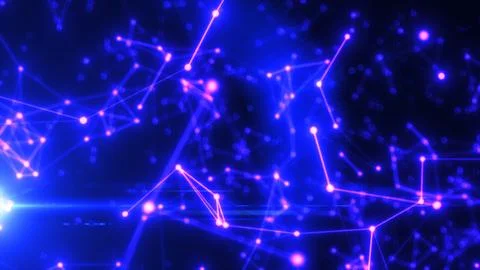 Futuristic abstract neural web with glowing pink and blue nodes connected in  Illustrazione stock