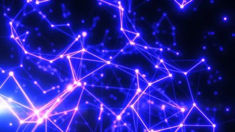 Futuristic abstract neural web with glowing pink and blue nodes connected in  스톡 사진