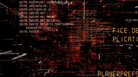 Futuristic abstract programming red code seamless flythrough. Alpha channel Stock Footage 99619564