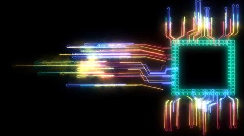 Futuristic abstract rainbow digital intelligent twisted light high speed chip Illustrazione stock