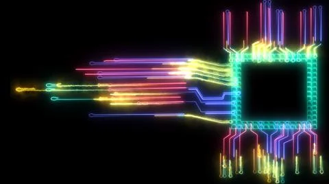Futuristic abstract rainbow digital intelligent twisted light high speed chip Foto stock