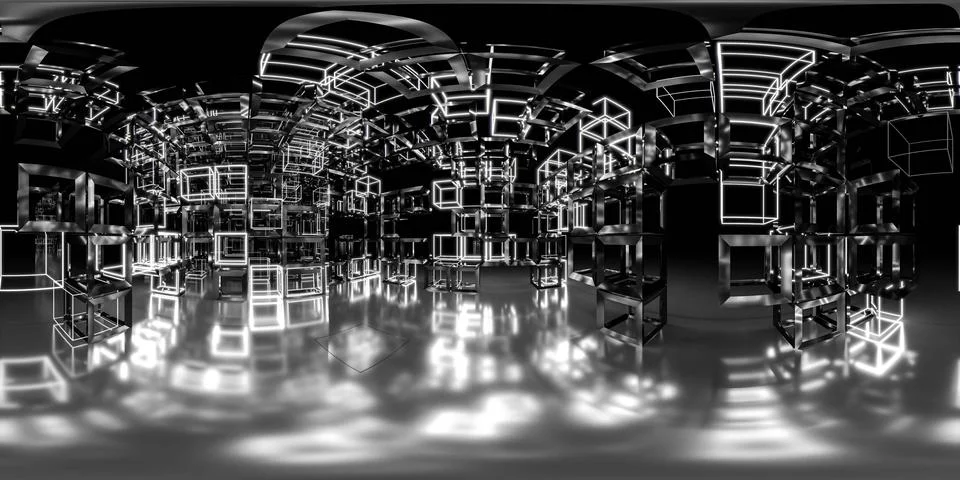 Futuristic Abstract Space with Glowing Cubes 360 vr 3d render panorama Ilustración de archivo