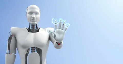 Futuristic advanced humanoid robot controlling computer 3D Render Stock Illustration