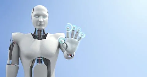 Futuristic advanced humanoid robot controlling computer 3D Render Stock Illustration