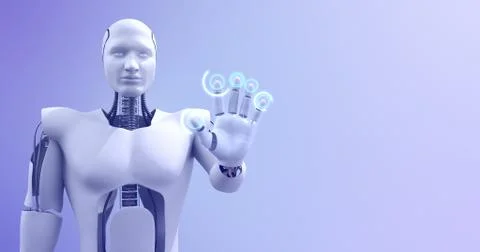 Futuristic advanced humanoid robot controlling computer 3D Render Stock Illustration