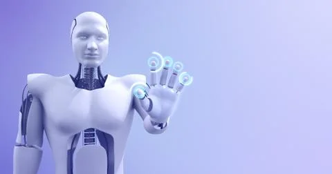 Futuristic advanced humanoid robot controlling computer 3D Render Stock Illustration