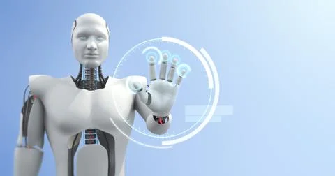 Futuristic advanced humanoid robot controlling computer 3D Render Stock Illustration