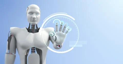 Futuristic advanced humanoid robot controlling computer 3D Render Illustrazione stock