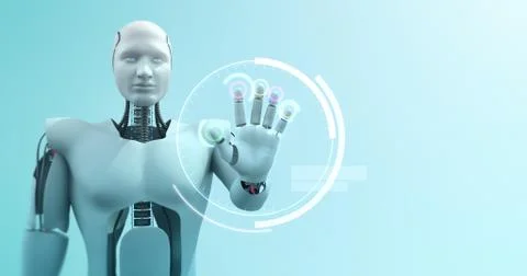 Futuristic advanced humanoid robot controlling computer 3D Render Illustrazione stock