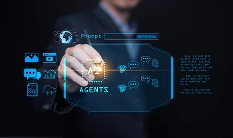 Futuristic AI agent assistant interface with chatbot, automation, and digit.. Stock Photos