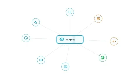 Futuristic AI agent tool orbiting in a digital space with glowing lines and part Vídeo Stock 339302958