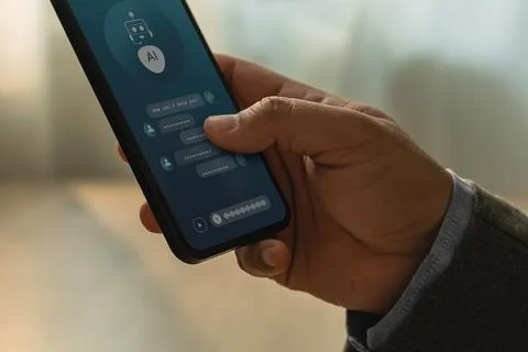 Futuristic AI assistant chat interface on smartphone held in hand, illustra.. Stock Photos