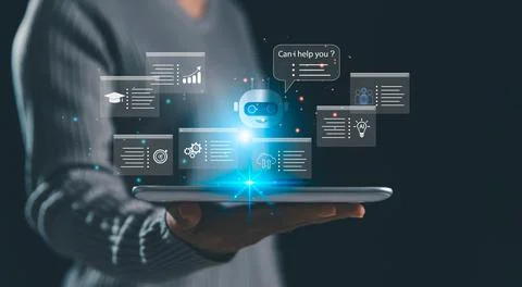 Futuristic AI assistant chatbot with digital interface floating above table.. Stock Photos
