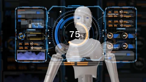 Futuristic AI assistant robot interacting with an advanced HUD dashboard, Видео 342619258