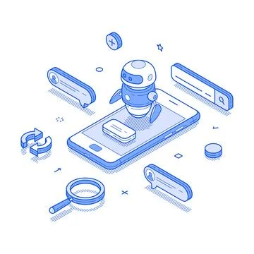 Futuristic AI bot engaging with a smartphone. Elements like search bars, circ Illustrazione stock