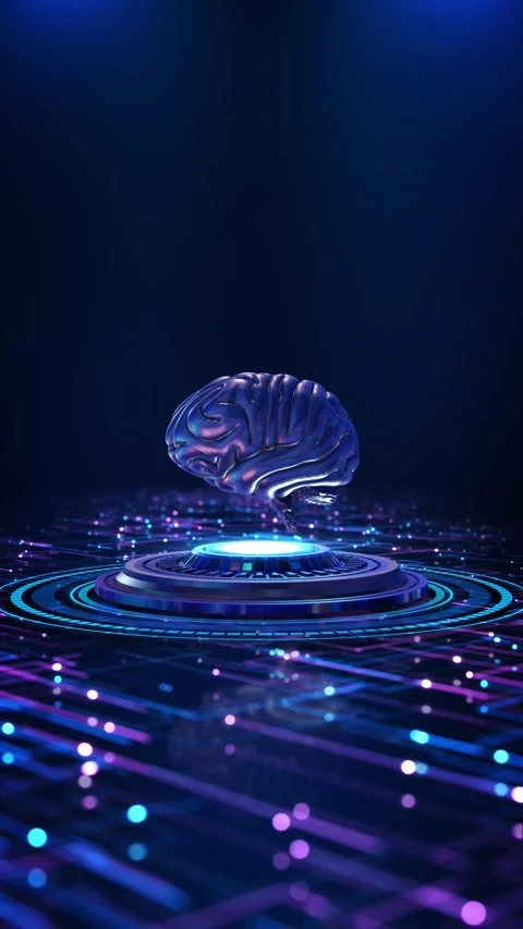 Futuristic AI Brain Hologram Floating Above Digital Technology Platform 스톡 동영상 342627149