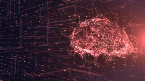 Futuristic AI Brain with Rotating Neural Network and Glowing Data Streams Stock Footage 310000073