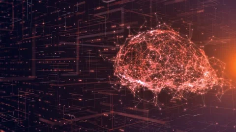 Futuristic AI Brain with Rotating Neural Network and Glowing Data Streams Stock Footage 310000102