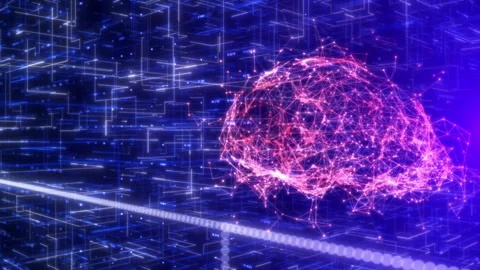Futuristic AI Brain with Rotating Neural Network and Glowing Data Streams Stock Footage 310000111