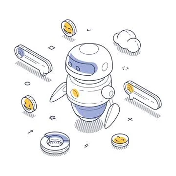 Futuristic AI chat bot surrounded by cheerful emoticons and chat icons in a v Illustrazione stock