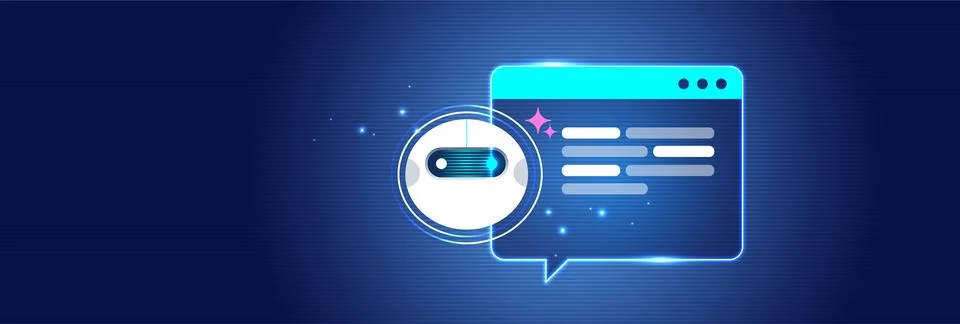 Futuristic AI Chatbot Assistant with Speech Bubble on Digital Interface Stock Illustration