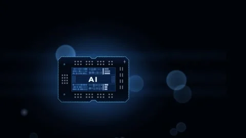 Futuristic AI Chip Animation with Blue Glow and Bokeh Effects Featuring a Modern Stockbeeldmateriaal 340534410