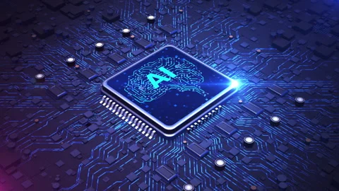 Futuristic AI chip with a brain-shaped circuit design glowing Stock Footage 294286797
