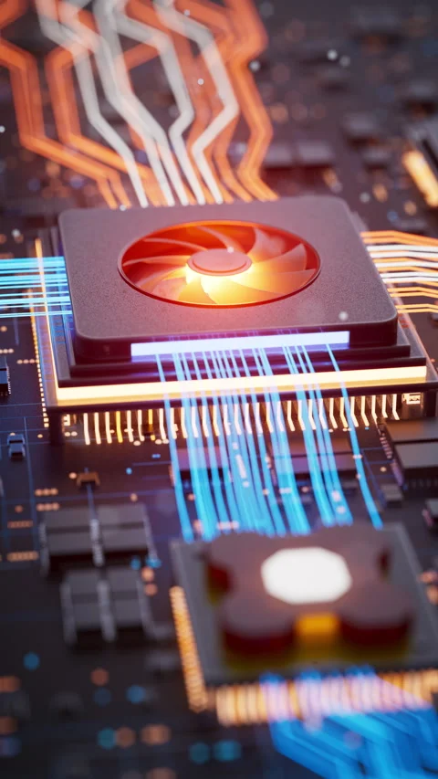 Futuristic AI chip with glowing data streams Stock Footage 338986274