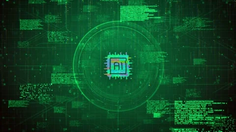 Futuristic AI Chip Icon Over Green Hacking Glitch Animation Background Video stock 320531592