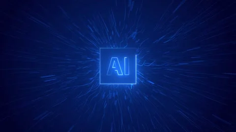 Futuristic AI chip motion visual blue glowing panel, radial streaks, data energy Stock Footage 340567582