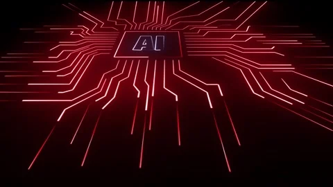 Futuristic AI Chip with Red Glowing Circuit Lines on Dark Background Vidéo 333912048