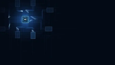 Futuristic AI circuit board animation featuring a glowing center with the text A Stock Footage 340440589