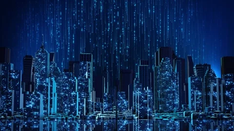 Futuristic AI City with Binary Code and Digital Information Rain Stock Footage 342610991