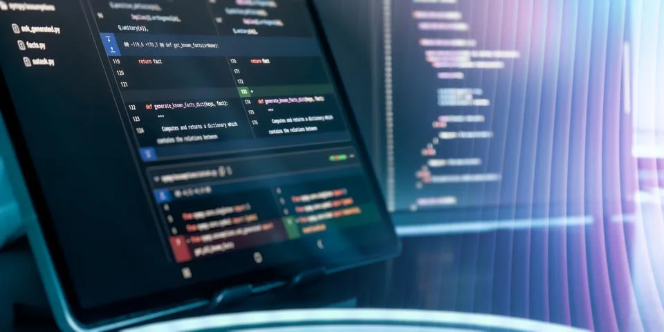 Futuristic AI Coding Interface with Abstract Light Trails and Programming Cod 库存照片