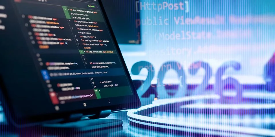 Futuristic AI Coding Interface with Holographic 2026 Overlay and Programming  库存照片