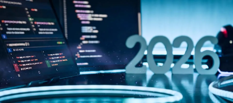 Futuristic AI Coding Workspace with 2026 Numbers and Programming Code on Scre Stock Photos
