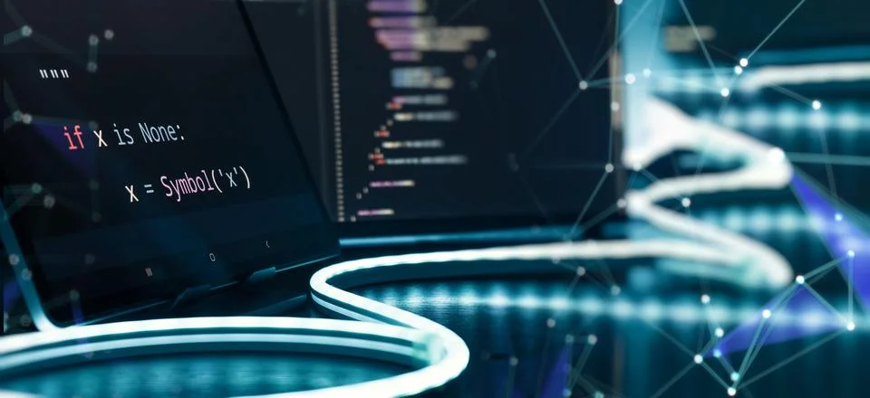 Futuristic AI Coding Workspace with Python Code on Screen, Neon Desk Lighting Foto stock