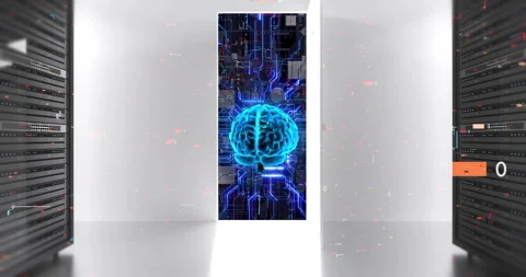 Futuristic AI computing infrastructure with server racks and digital circuits. Stock Footage 332288133