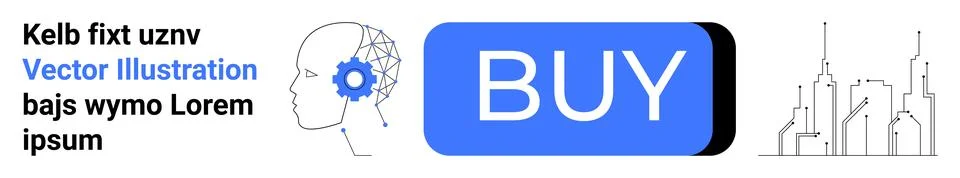 Futuristic AI Concept with Head Profile, Blue Buy Button, and City Skyline Stock Illustration