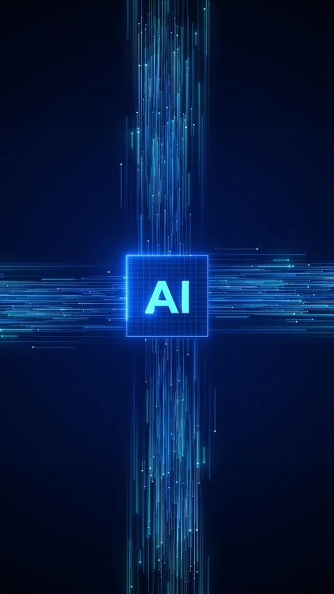 Futuristic AI data core animation glowing processor cube, particle lines, modern Stock Footage 340477701