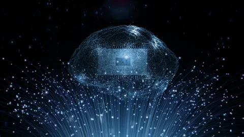 Futuristic AI digital brain with code data numbers and flickering light 스톡 동영상 343613923