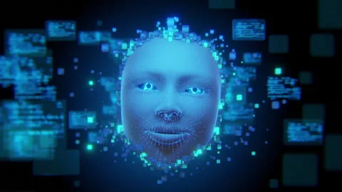 Futuristic AI Digital Face with Floating Data Background 库存影片 330546741