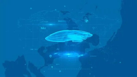 Futuristic AI-Driven Spaceship Illuminates Digital Global Map Interface Stock Illustration