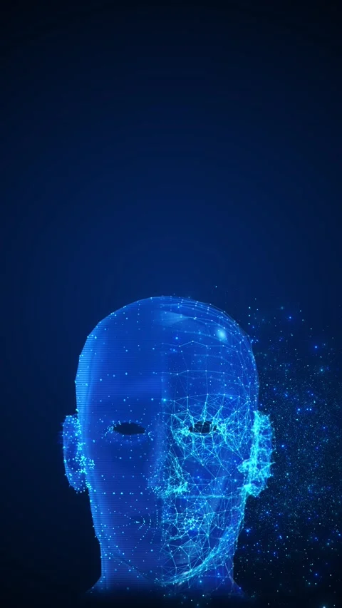 Futuristic AI face particle background glowing wire structure, blue digital dust Stock Footage 340477636