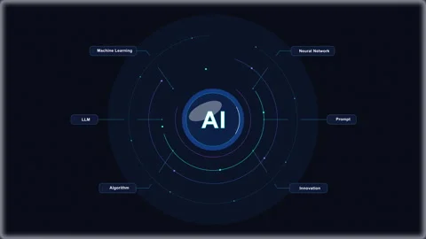 Futuristic AI HUD animation with data analysis and network security Stock Footage 347245749